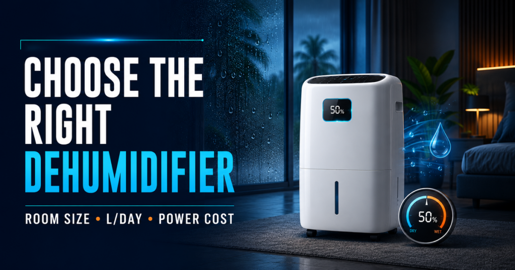 Portable dehumidifier showing 50% humidity in a rainy Philippine home.
