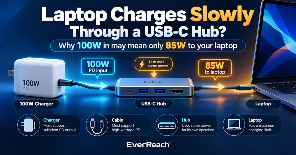 Diagram showing a 100W USB-C charger connected through a USB-C hub that delivers only 85W to a laptop, explaining why laptop charging can be slower through a hub.