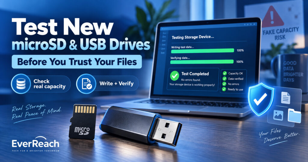 Graphic showing a microSD card and USB drive beside a laptop running a storage verification test to check real capacity before trusting important files.